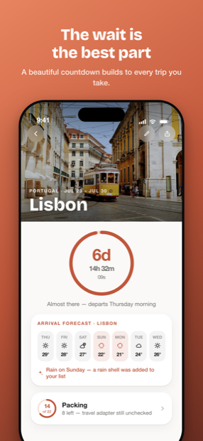 The final-week countdown for a trip to Lisbon with arrival forecast