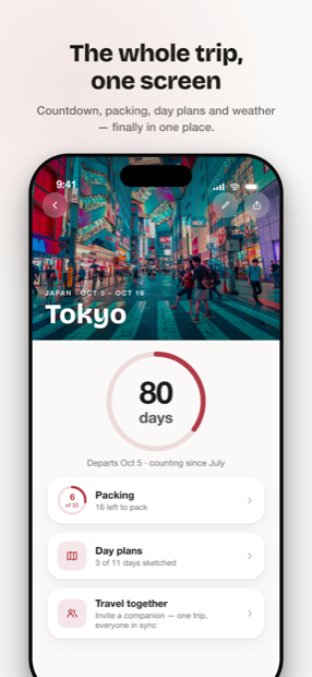 A full trip overview with countdown, packing and day plans