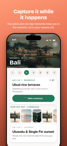 During the trip — day plans and one-tap memories