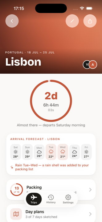 A trip screen for Lisbon: a large countdown ring reading 2 days, an arrival weather forecast, and a packing progress card