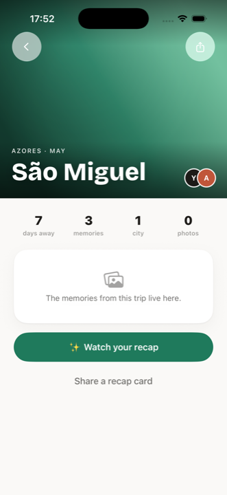 A finished trip to São Miguel with stats — 7 days away, 3 memories, 1 city — and a Watch your recap button