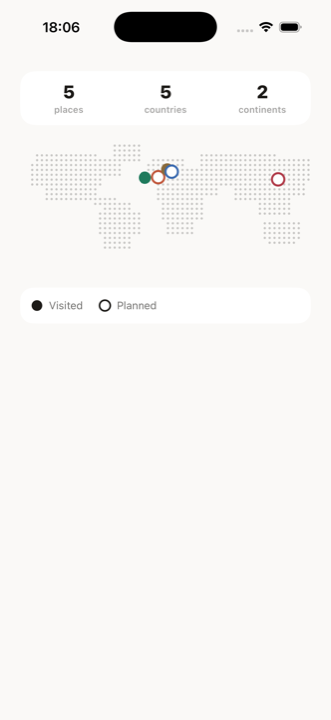 A History screen with a dotted world map, pins for visited and planned places, and trip stats